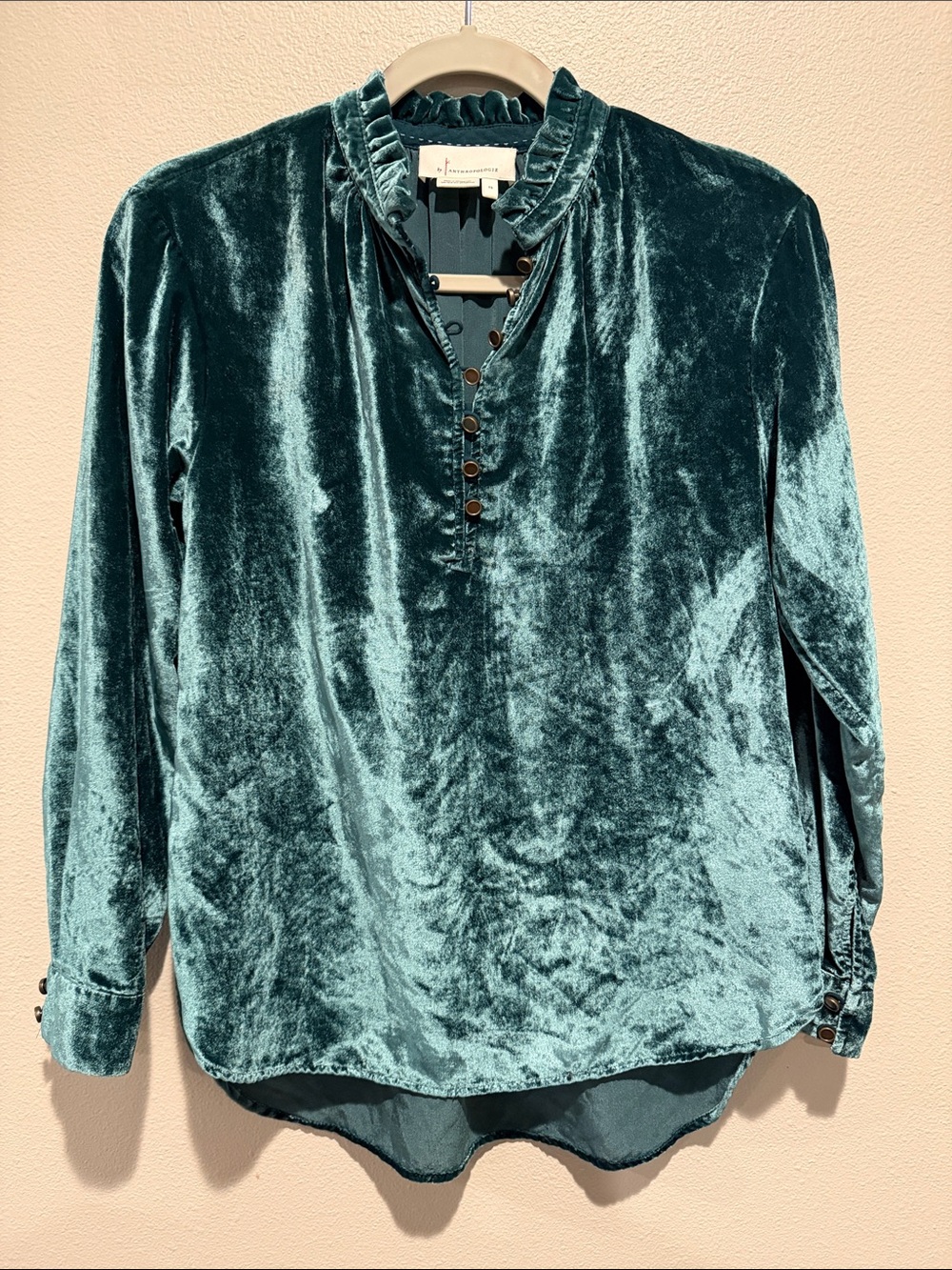 Anthropologie Teal Velvet Ruffle Henley Blouse Size: XS